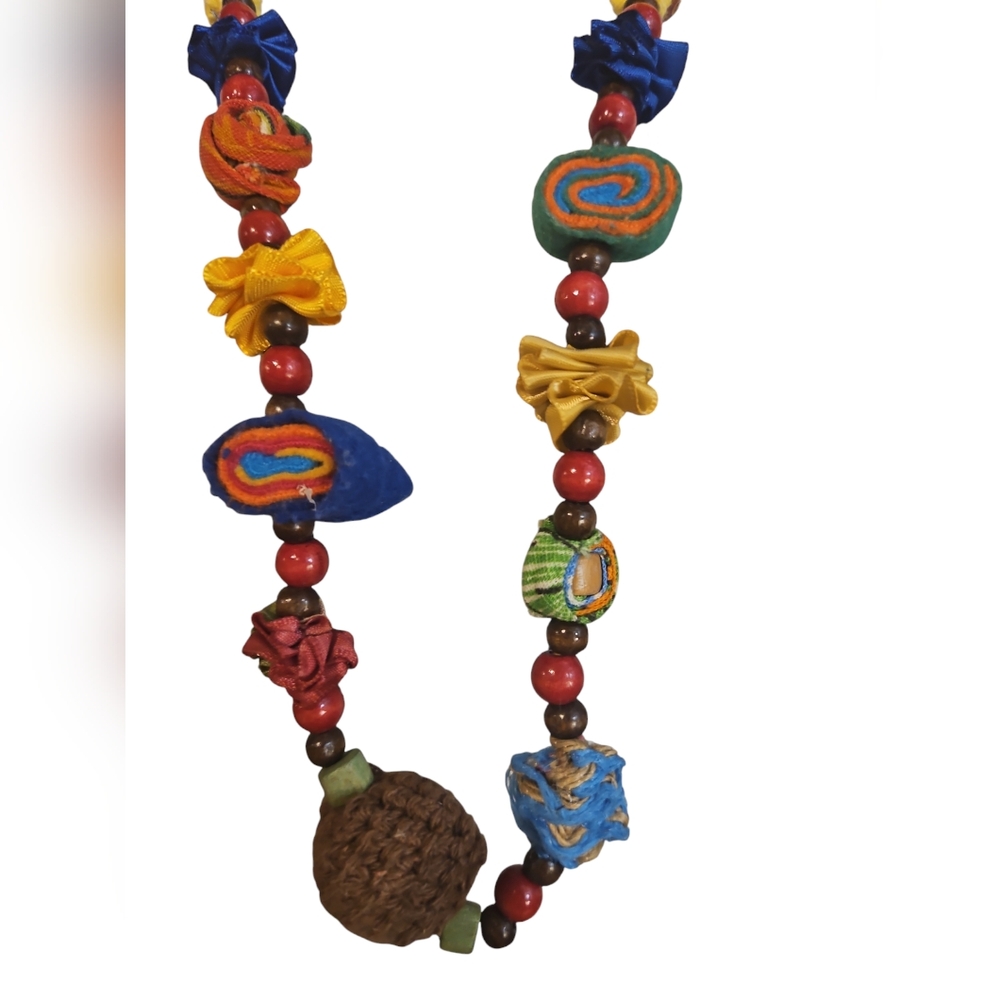 Long Colorful Textile Beads Necklace - Picture 3 of 4